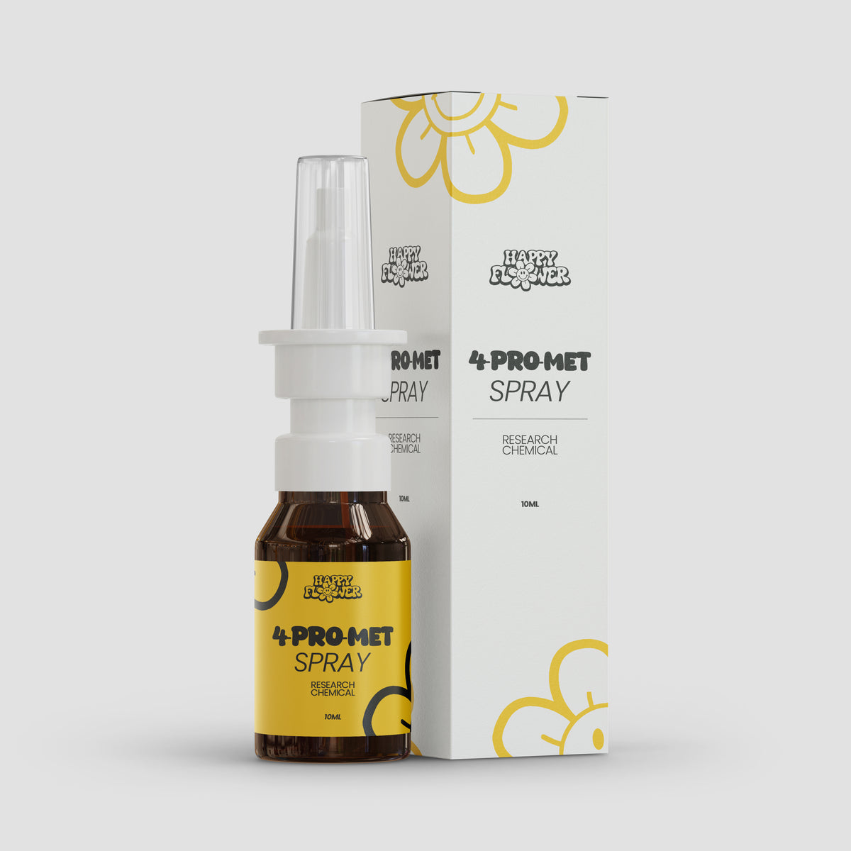 Braune 10ml Happy Flower 4-Pro-Met Sprayflasche mit gelbem Etikett und weißem Sprühaufsatz, vor der passenden weißen Produktverpackung auf hellem Hintergrund.