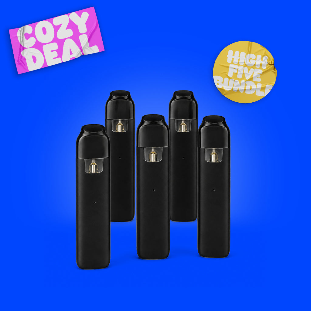 Blauer „Happy High Days“-Werbebanner mit fünf schwarzen Vapes, Preisangebot „5er Pack 94,99 €“ und gelbem „High Five Vapes“-Sticker.