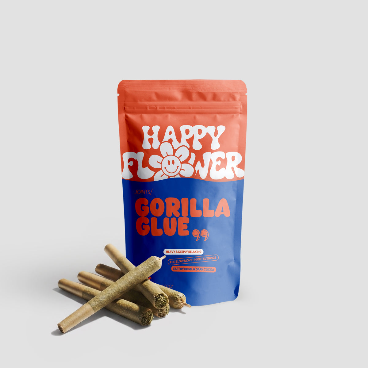 Happy Flower Gorilla Glue Joints in korall-blauer Standbeutel-Verpackung mit mehreren vorgedrehten Joints im Vordergrund auf hellem Hintergrund.
