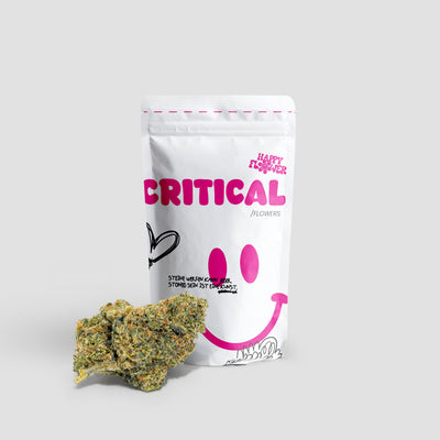 Happy Flower Critical CBG-9 Flowers in weißer Standbeutel-Verpackung mit pinkem Design und einer großen Cannabisblüte im Vordergrund auf hellem Hintergrund.